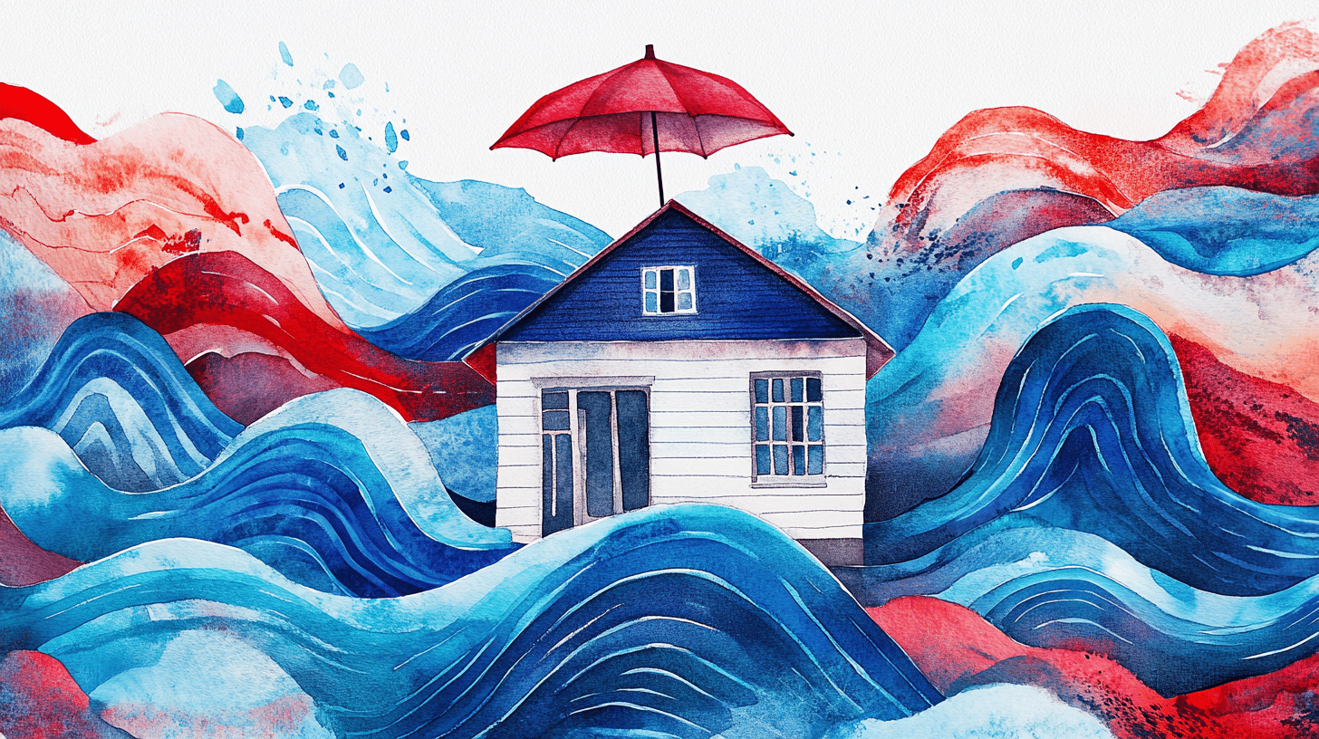Aquarell: Haus mit Wetterelementen – Symbolbild für Wohngebäude & Klimarisiken