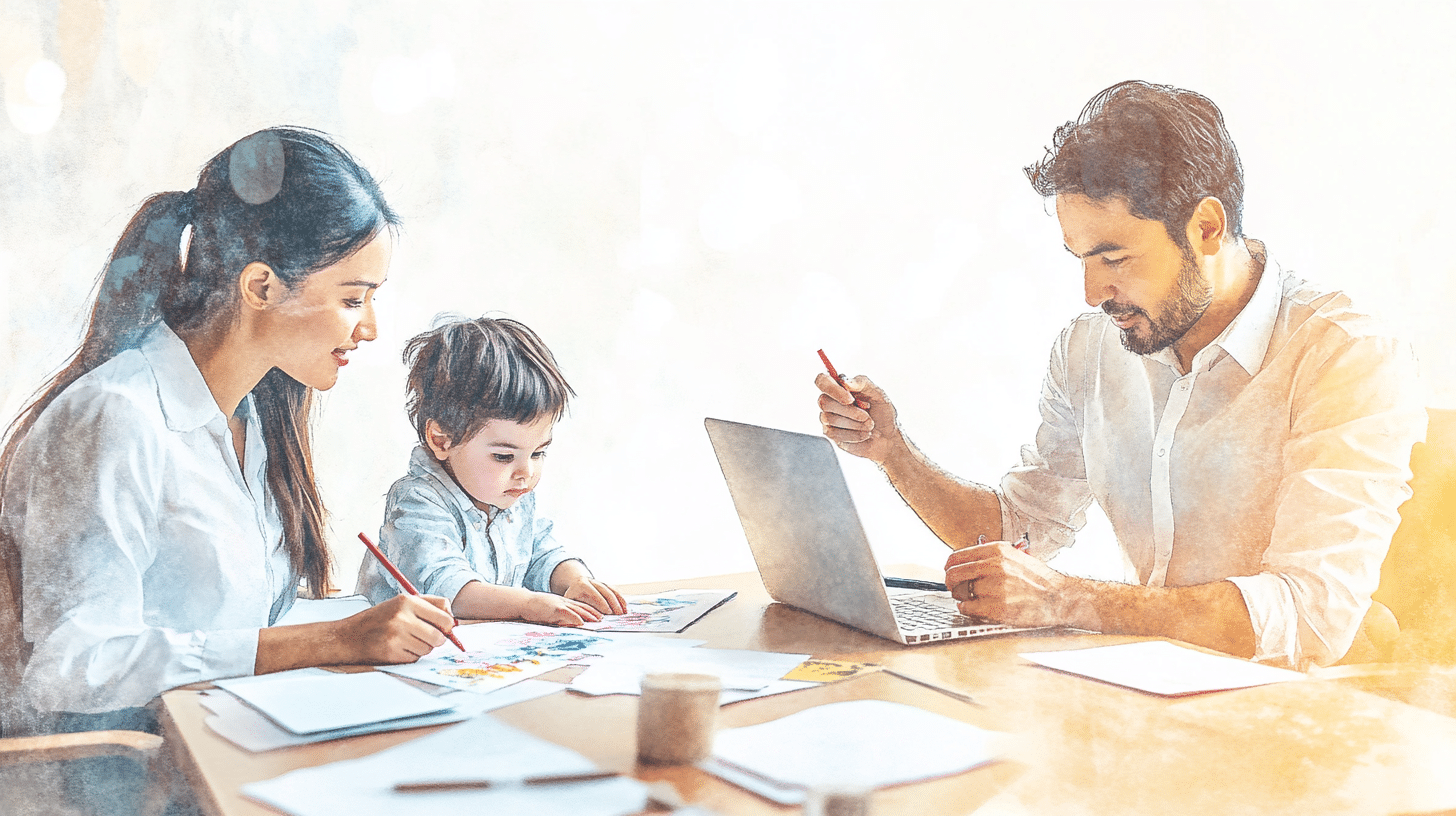 Aquarell: Junge Familie am Tisch – Symbolbild für Altersvorsorge für Kinder & Enkel