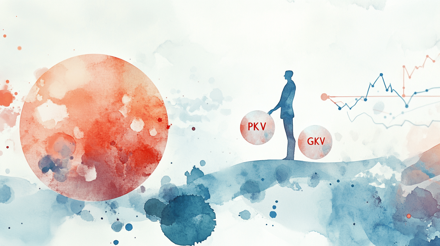 Aquarell: Figur balanciert zwei Formen – Symbolbild für PKV vs. GKV