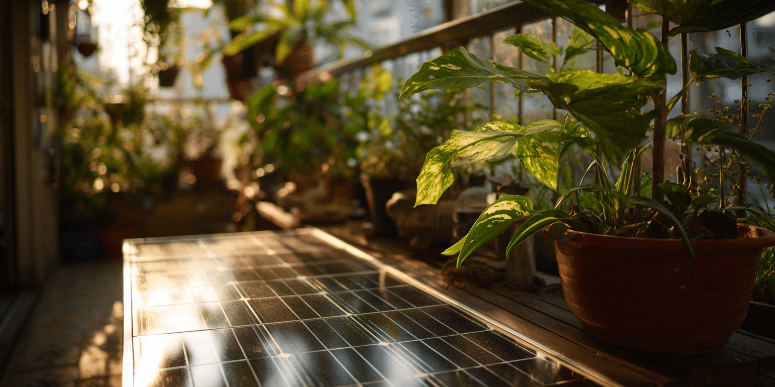 Balkonkraftwerk mit Solarmodul zwischen Pflanzen im warmen Abendlicht