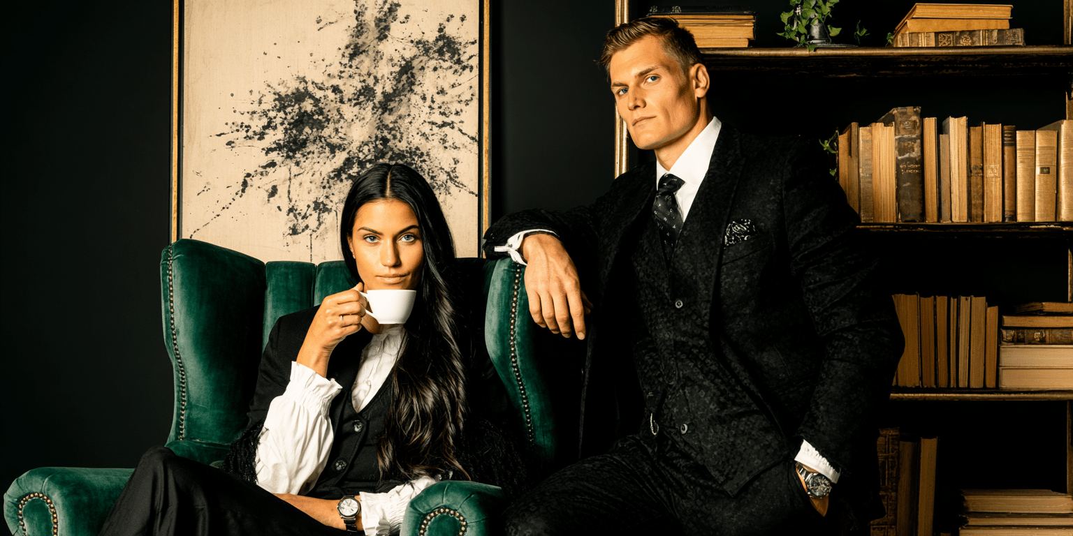 Erfolgreiches Unternehmerpaar mit stilvoller Ausstrahlung sitzt in einem eleganten Raum mit Bücherregal im Hintergrund