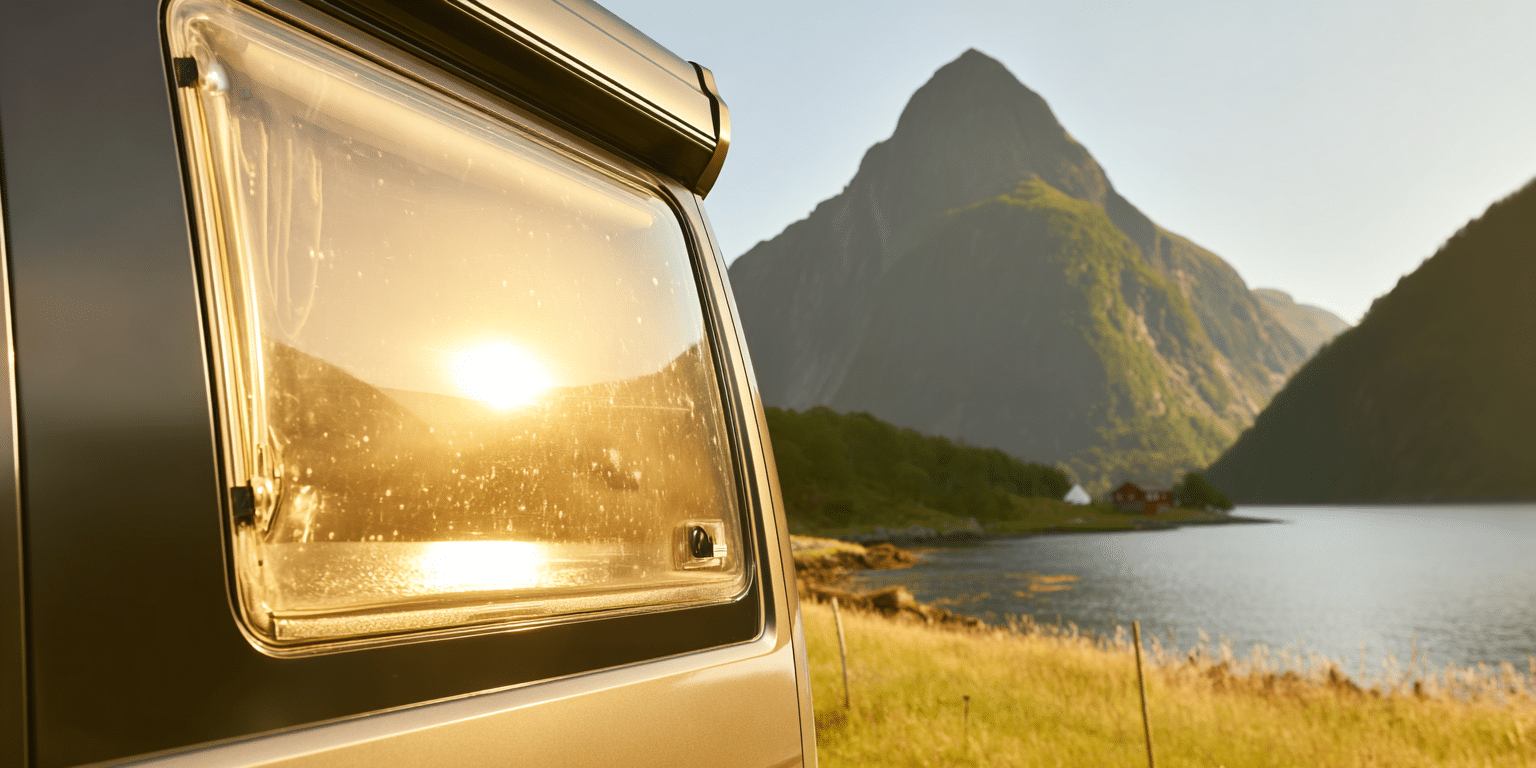 Ein Camper steht am Ufer eines Bergsees, im Fenster spiegelt sich der Sonnenaufgang – Symbolbild für Camperversicherung