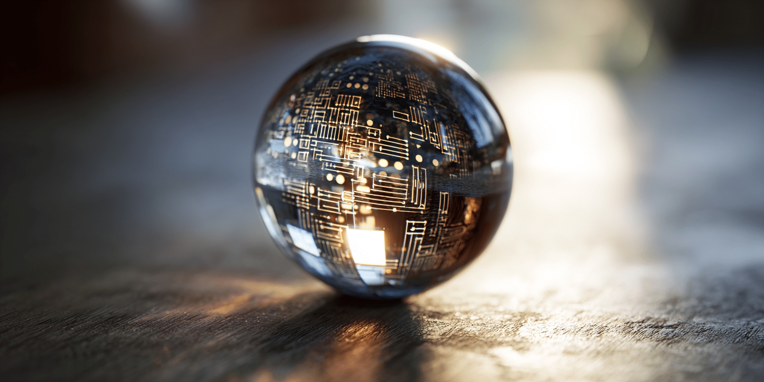 Transparente Glaskugel mit goldener Platinenstruktur auf Holz – Symbol für Datensicherheit und digitale Verantwortung.