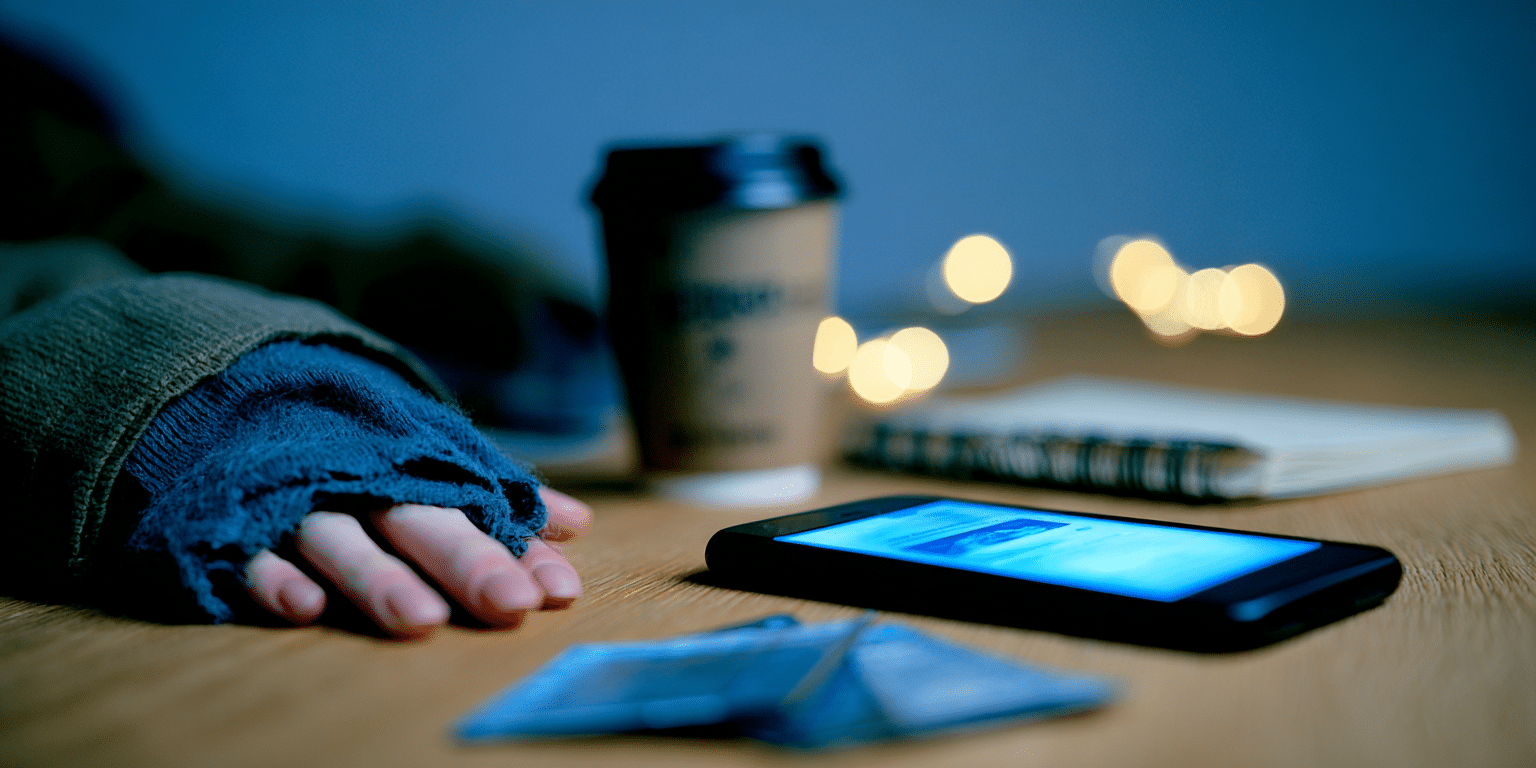 Ein aktiviertes Smartphone liegt neben einem Kaffeebecher, Ihre Hand in der Nähe – Symbol für den digitalen Versicherungsabschluss