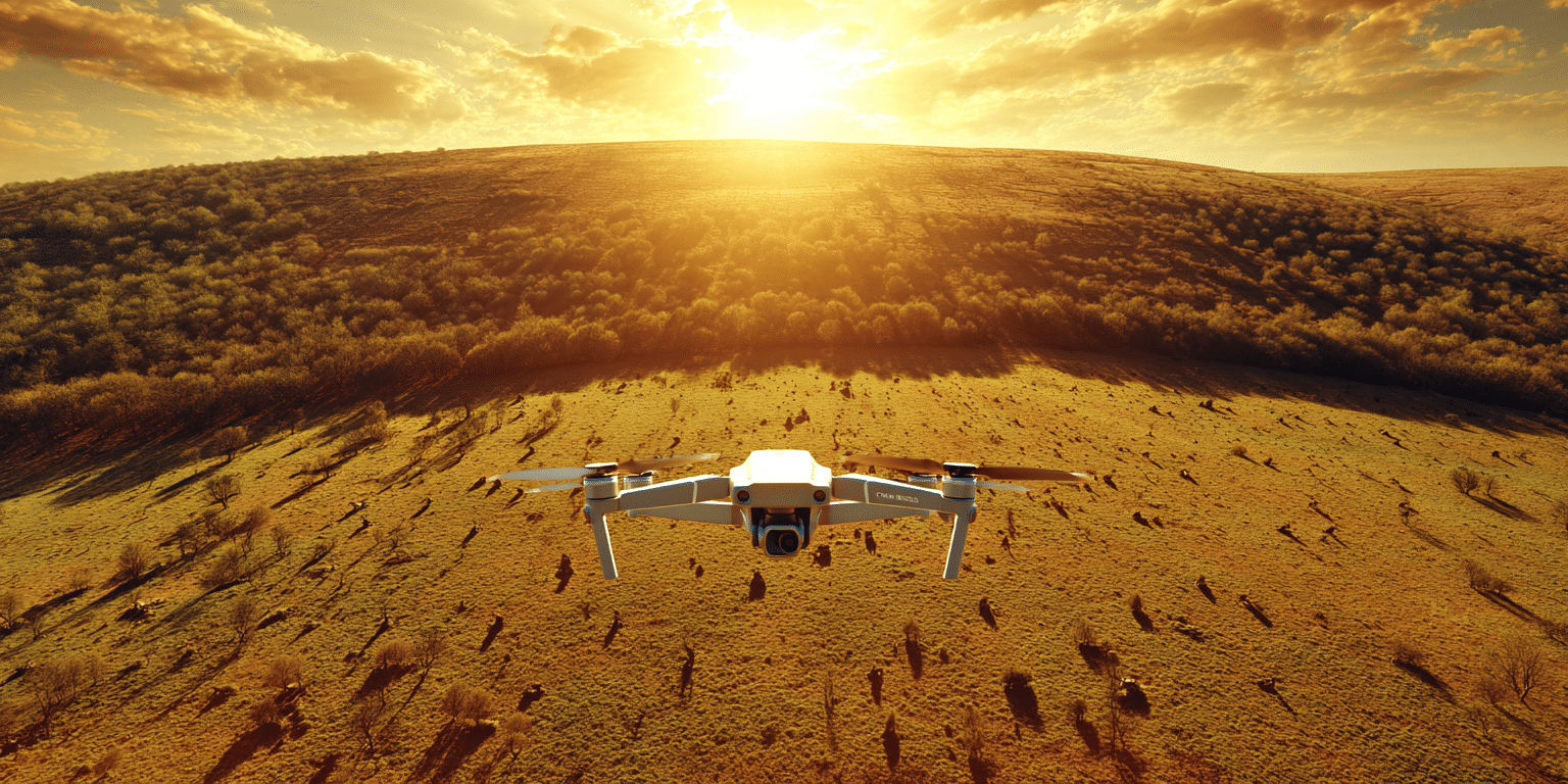 Eine Drohne fliegt bei Sonnenuntergang über eine weite Landschaft – Symbolbild für Drohnenhaftpflichtversicherung