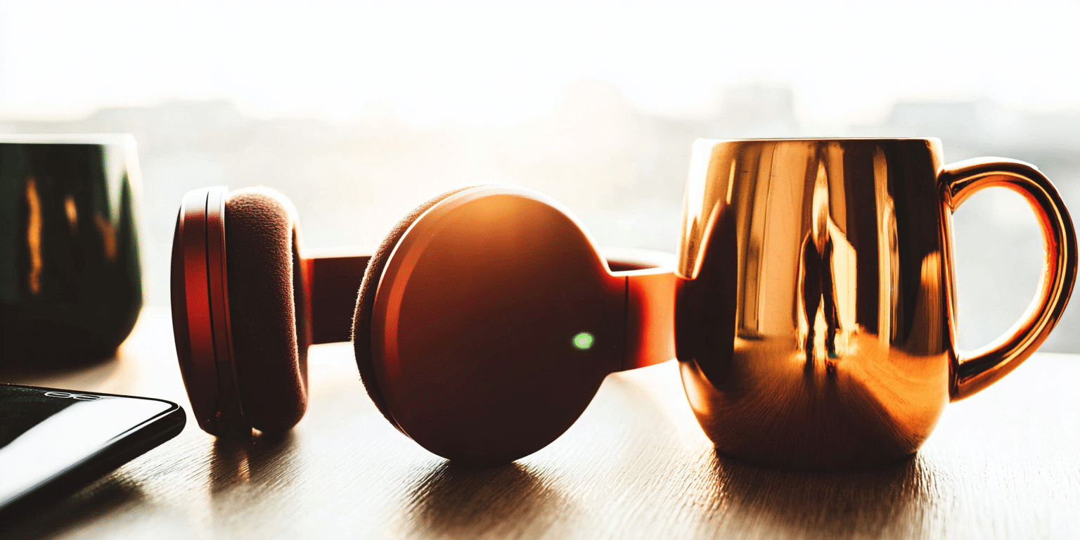 Kopfhörer, Smartphone und glänzende Tasse auf einem Tisch im Sonnenlicht – Symbolbild für Schutz digitaler Geräte.