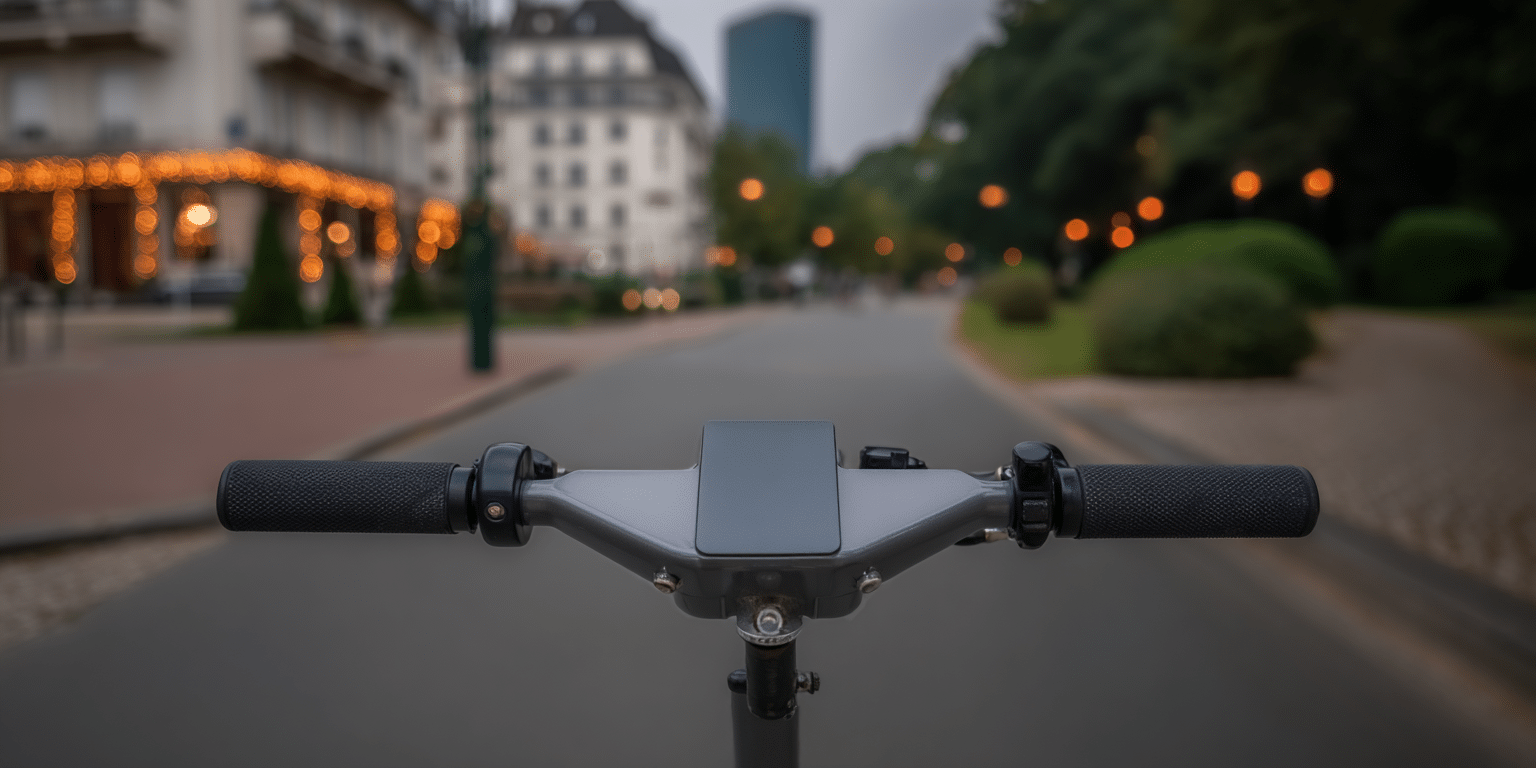 Blick über den Lenker eines E‑Scooters auf eine beleuchtete Stadtstraße – Symbolbild für E‑Scooter‑Versicherung