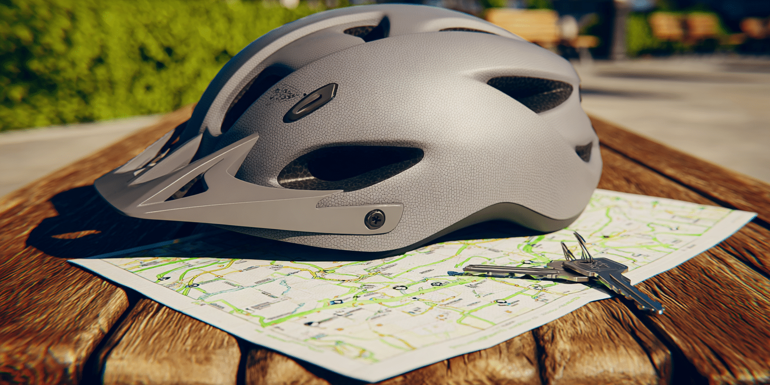 Ein Fahrradhelm und ein Schlüssel liegen auf einer Stadtkarte im Sonnenlicht – Symbolbild für Fahrrad‑Versicherung