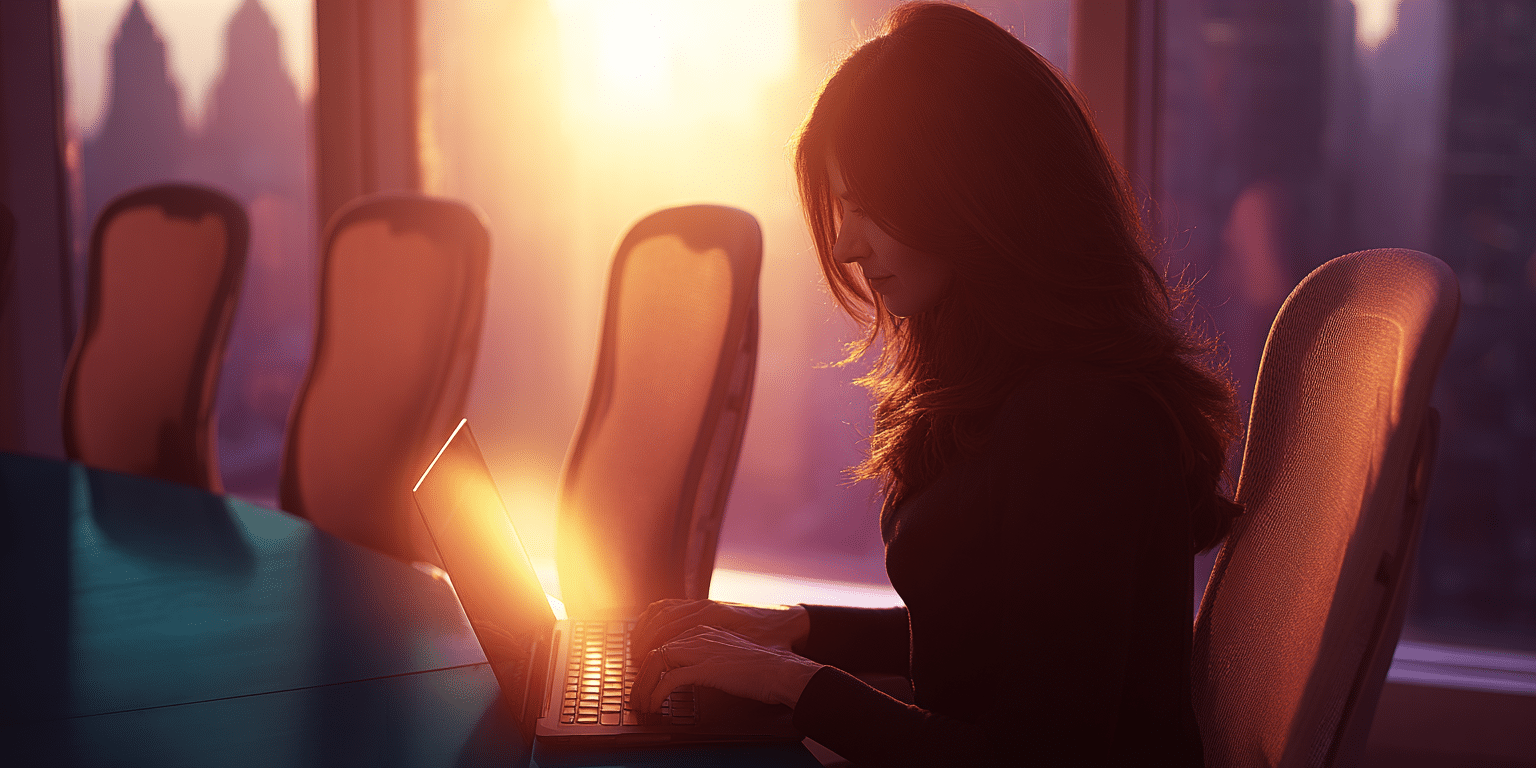 Frau arbeitet am frühen Morgen konzentriert an ihren Finanzen in einem modernen Konferenzraum bei Sonnenaufgang