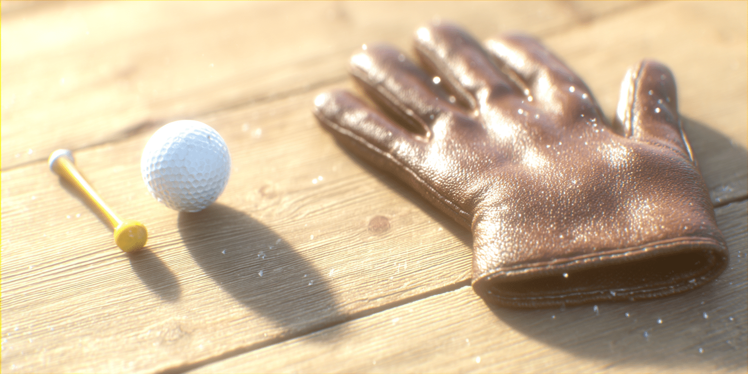 Ein Golfhandschuh, ein Ball und ein Tee liegen auf einem Holztisch im Sonnenlicht – Symbol für Golfversicherung