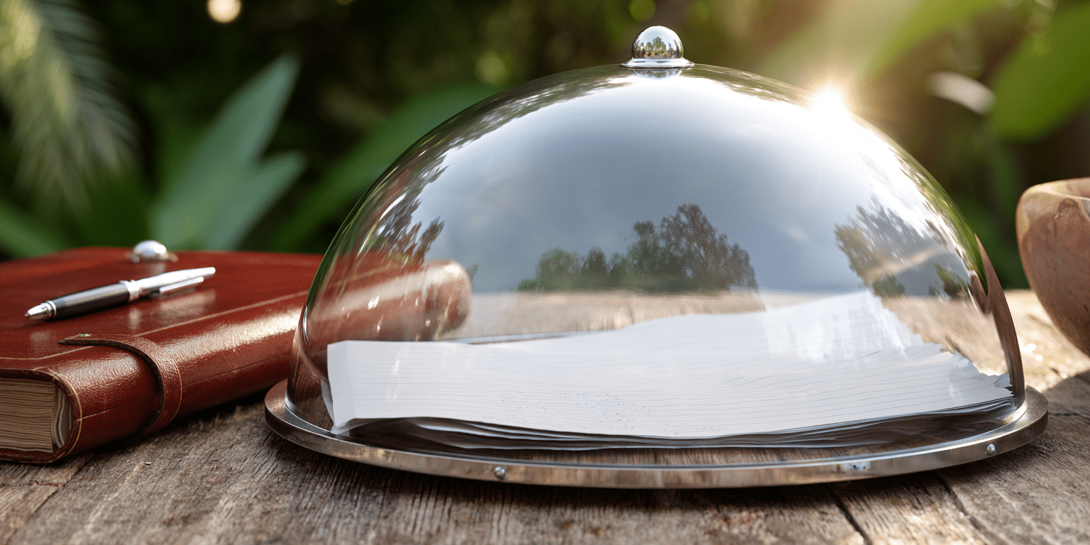 Glasglocke schützt Dokumente auf einem Holztisch im Sonnenlicht – Symbolbild für Haftpflicht und Sicherheit.