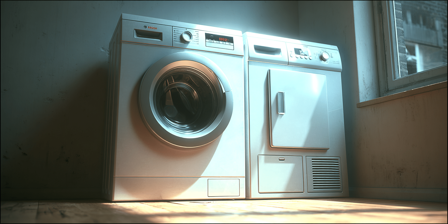 Eine Waschmaschine und ein Trockner stehen nebeneinander in einem hellen Raum – Symbolbild für Haushaltsgeräteversicherung