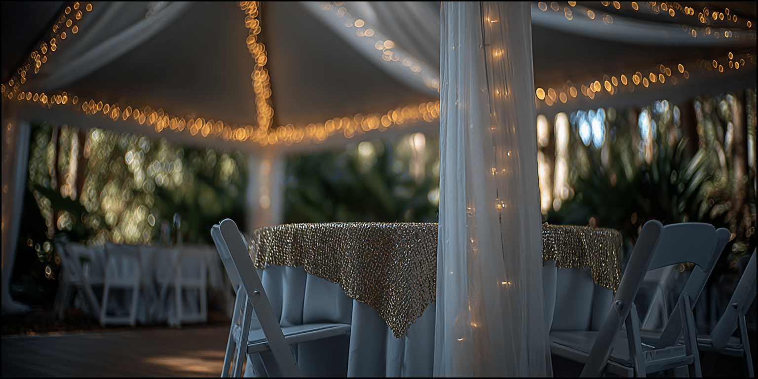 Ein festlich geschmückter Hochzeitstisch mit Lichterketten und weißer Dekoration – Symbolbild für Hochzeitsversicherung