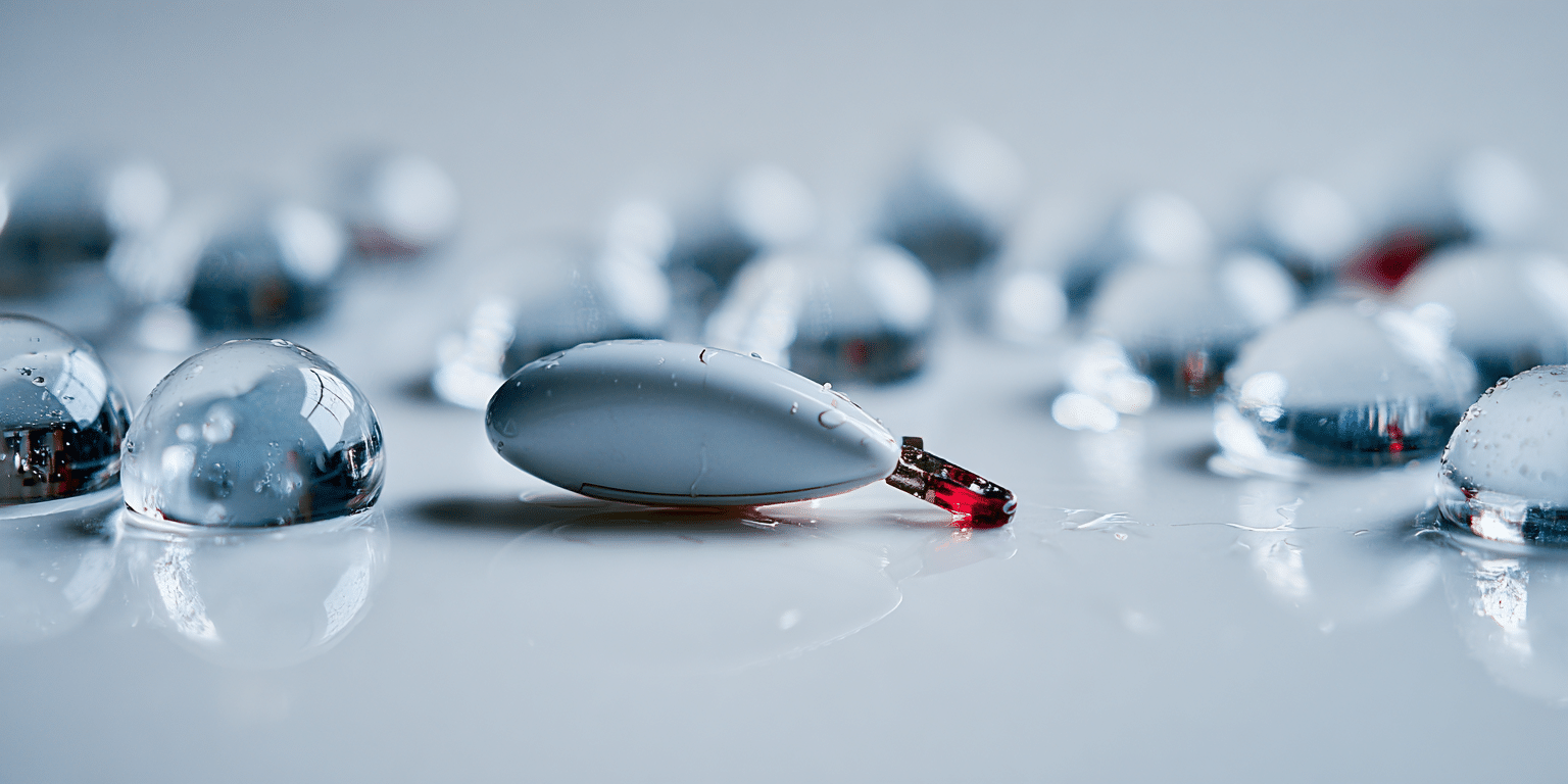 Ein Hörgerät liegt auf einer glatten Fläche mit Wassertropfen – Symbolbild für Reparatur- und Schutzversicherung