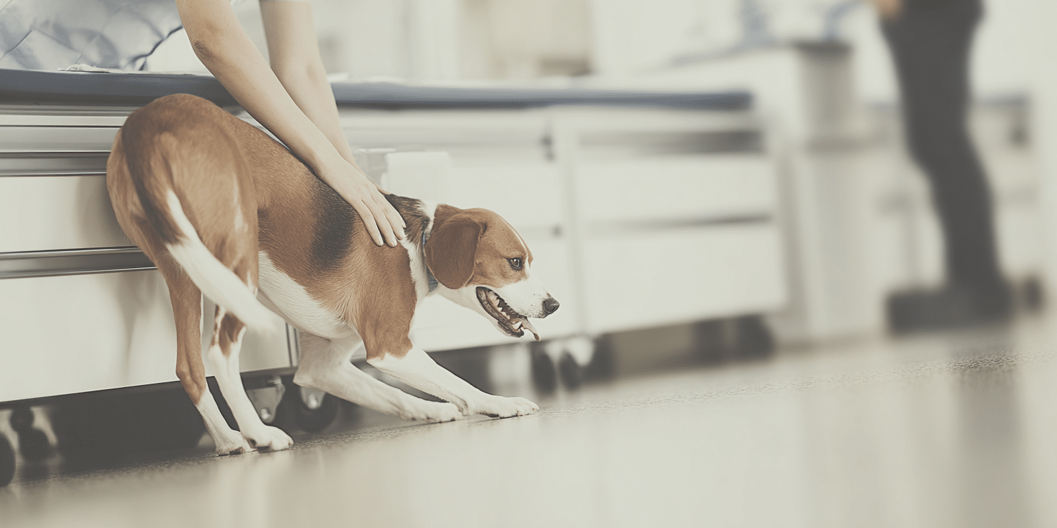 Ein Hund wird in einer hellen Tierarztpraxis von einer Tierärztin gehalten – Symbolbild für Hunde-OP-Versicherung