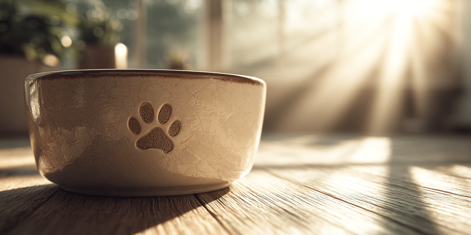 Keramiknapf mit eingravierter Pfote im Sonnenlicht – Symbol für Verantwortung und Sicherheit im Alltag mit Hund.