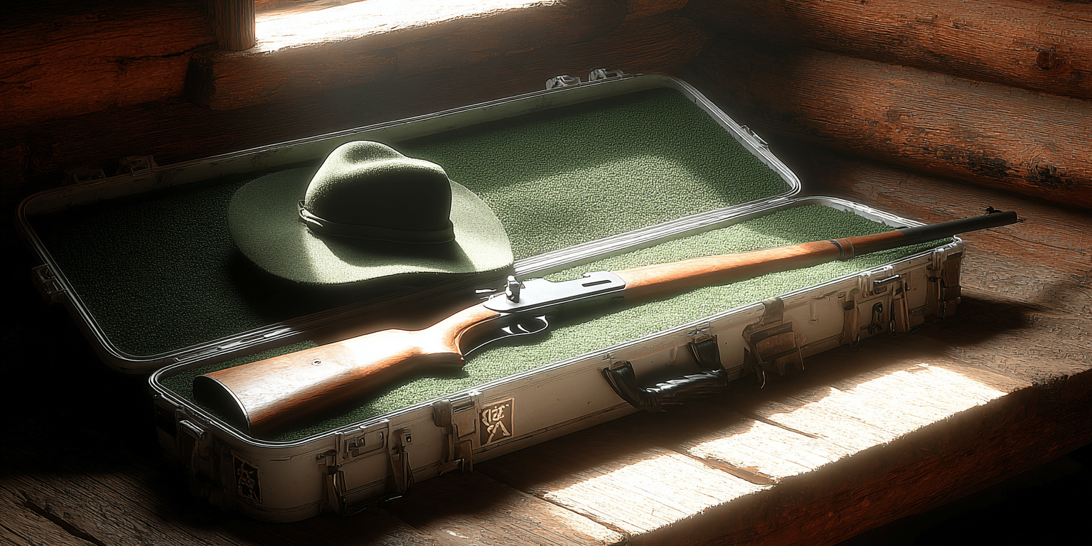Ein Jagdgewehr und ein grüner Hut liegen in einem geöffneten Koffer auf einem Holztisch – Symbolbild für Jagdhaftpflichtversicherung
