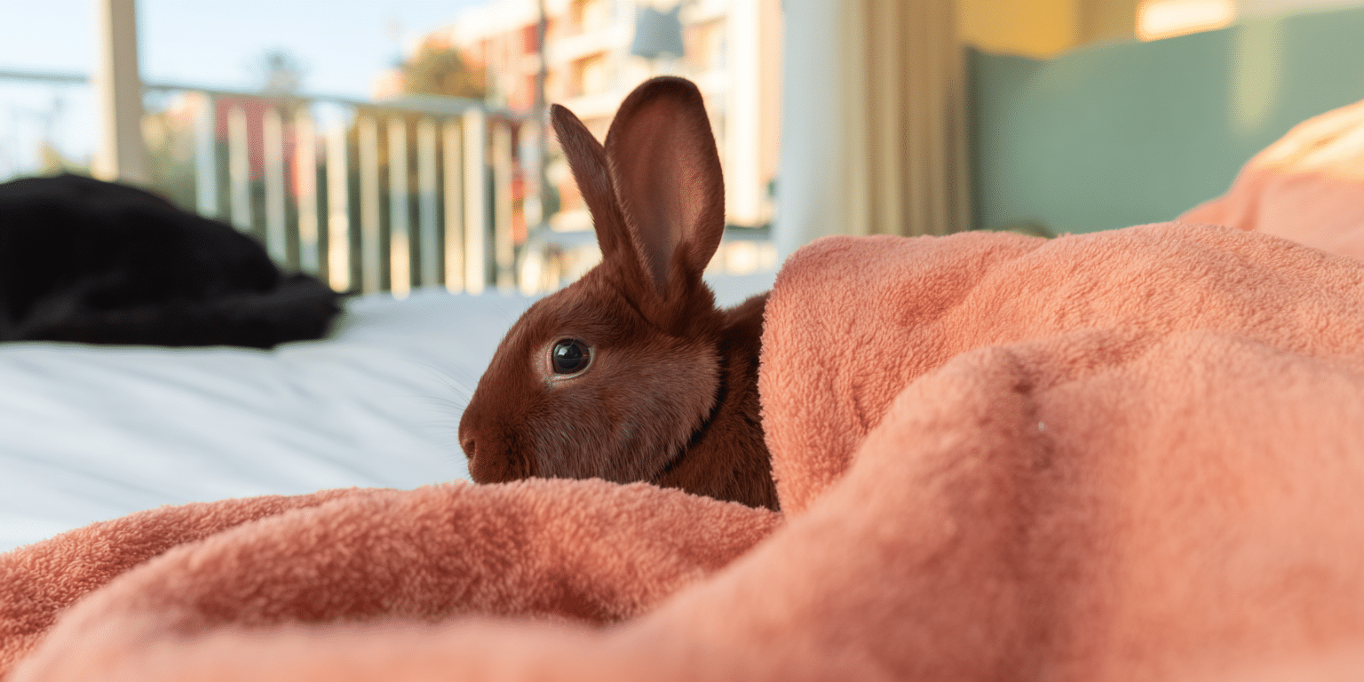 Ein braunes Kaninchen liegt eingewickelt in eine weiche Decke – Symbolbild für Kaninchen‑OP‑Versicherung