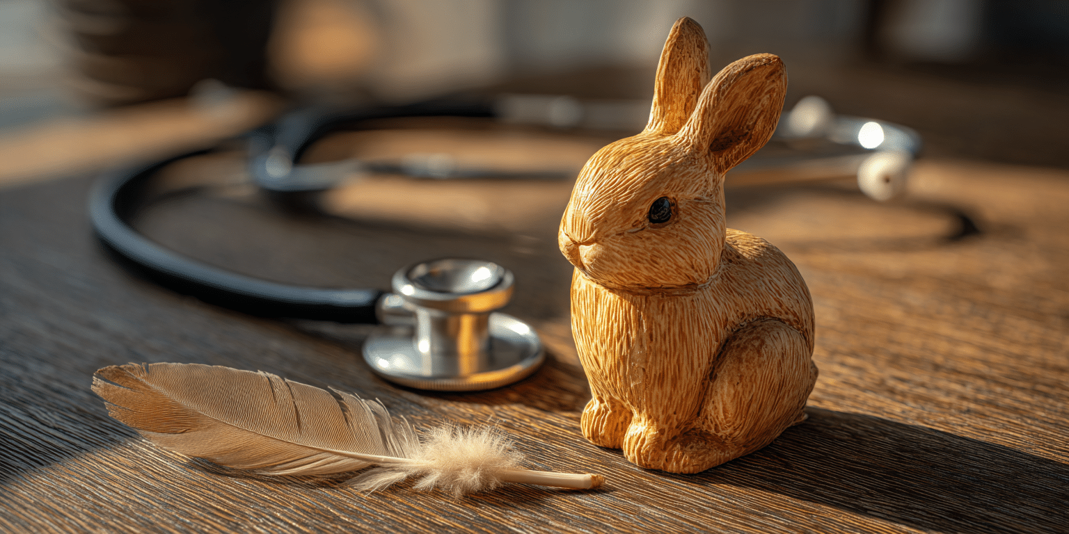 Geschnitzte Kaninchenfigur neben Feder und Stethoskop im Sonnenlicht – Symbol für Zuwendung und tierärztliche Versorgung.