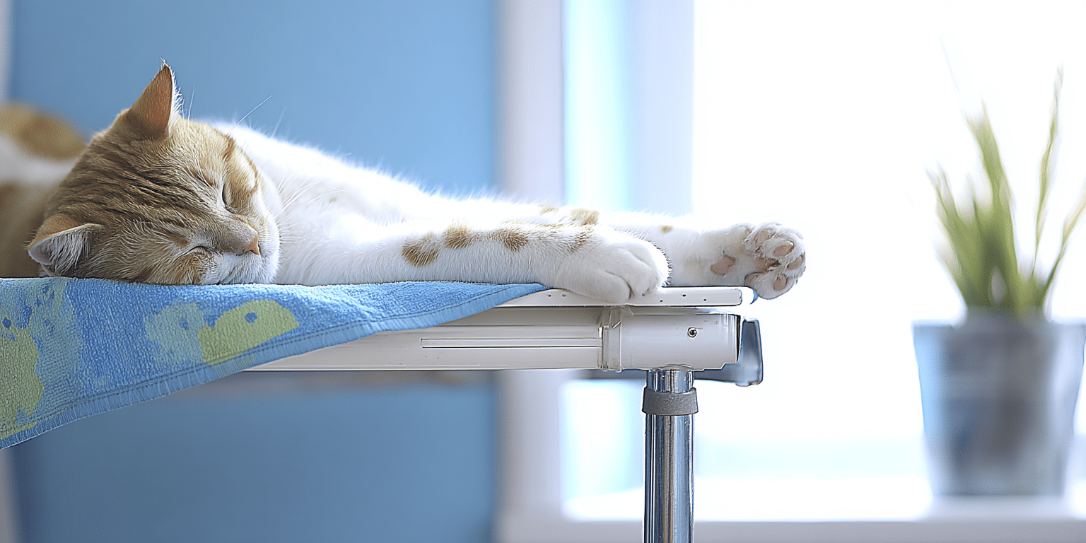 Eine Katze schläft entspannt auf einem Untersuchungstisch mit einem Handtuch – Symbolbild für Katzen‑OP‑Versicherung