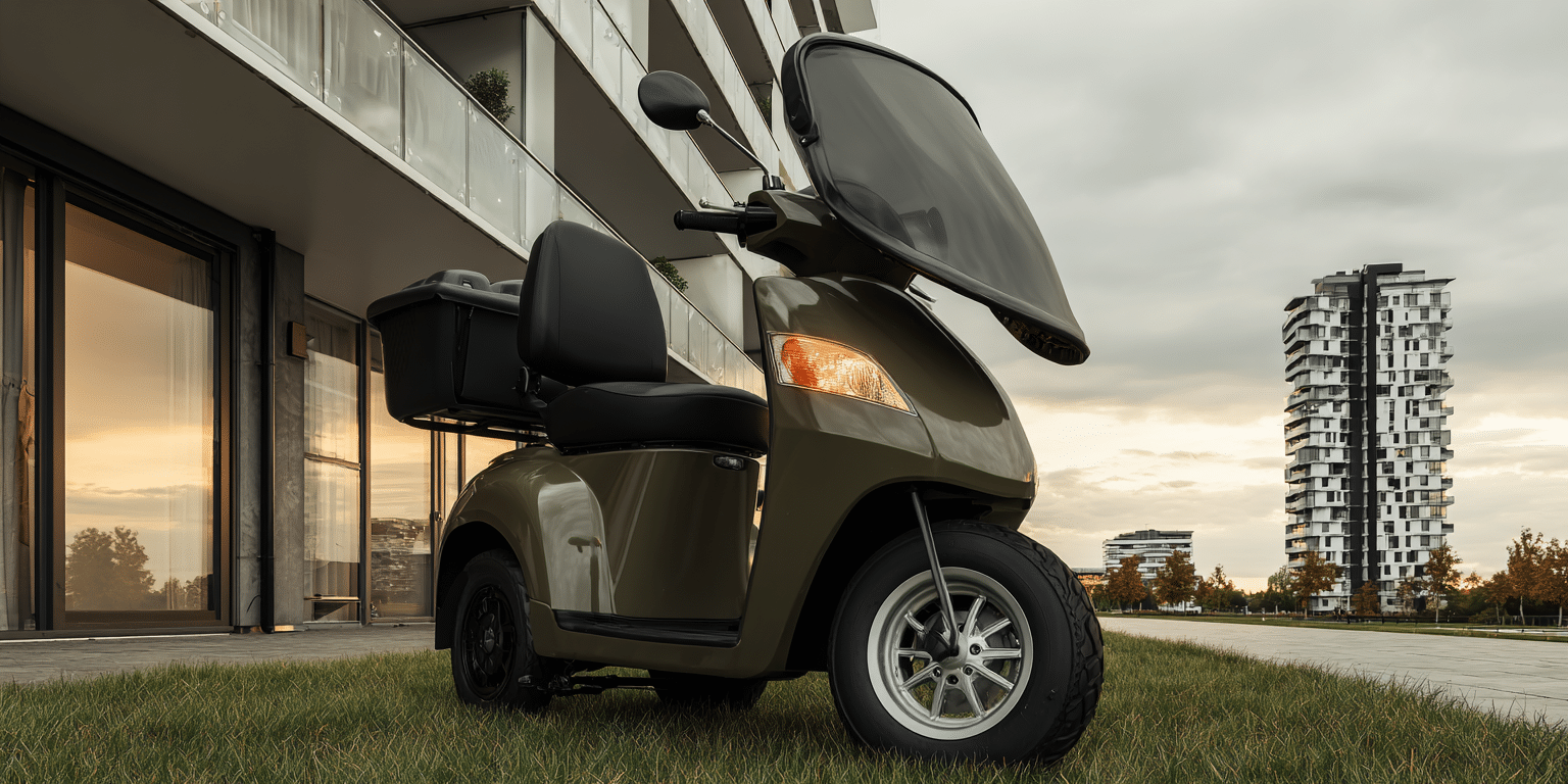 Ein elektrischer Krankenfahrstuhl steht vor einer modernen Wohnanlage im Sonnenuntergang – Symbolbild für Krankenfahrstuhlversicherung