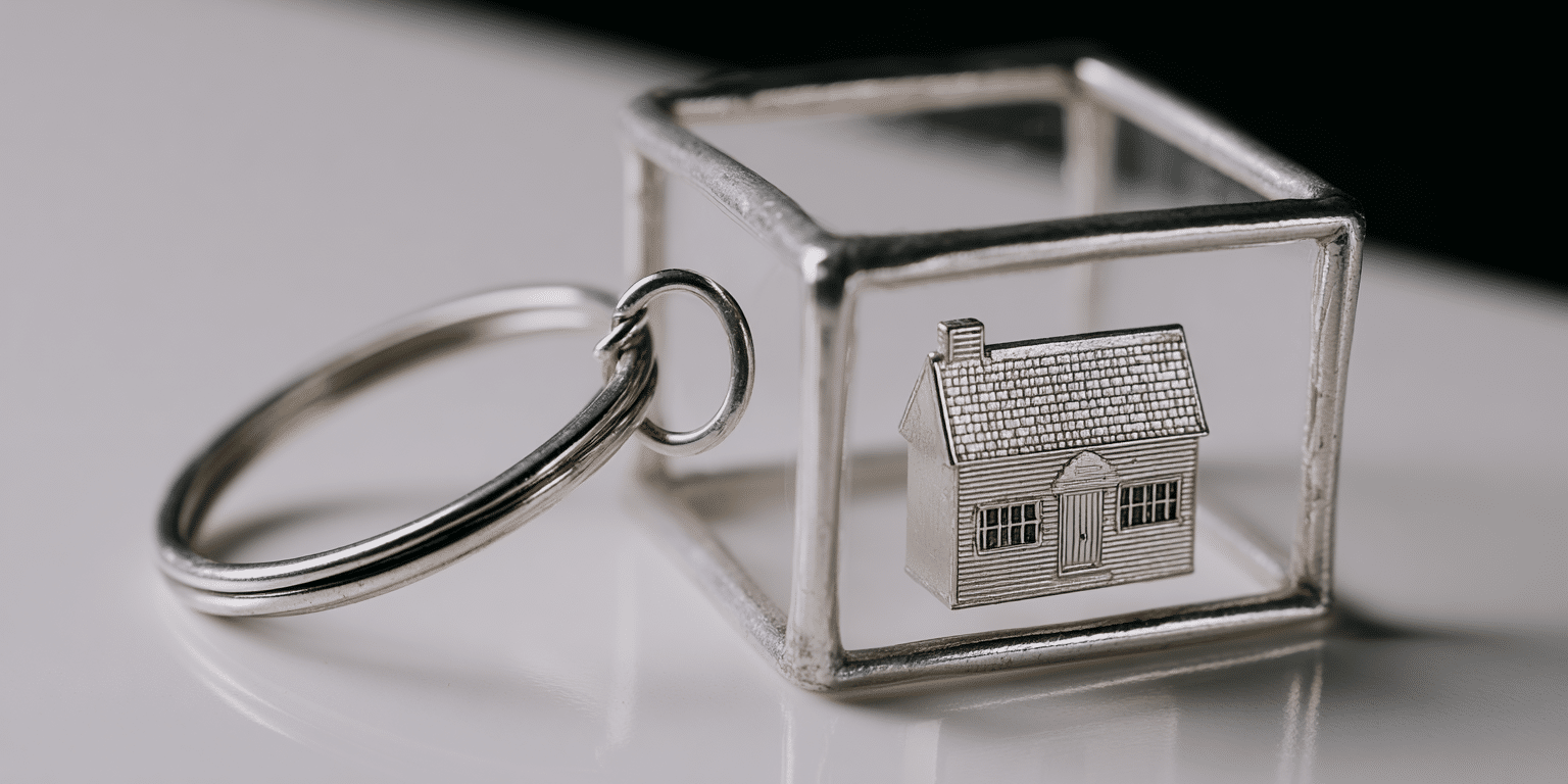 Ein Schlüsselanhänger mit einem kleinen Haus in einem transparenten Würfel – Symbolbild für Mietkautionsversicherung