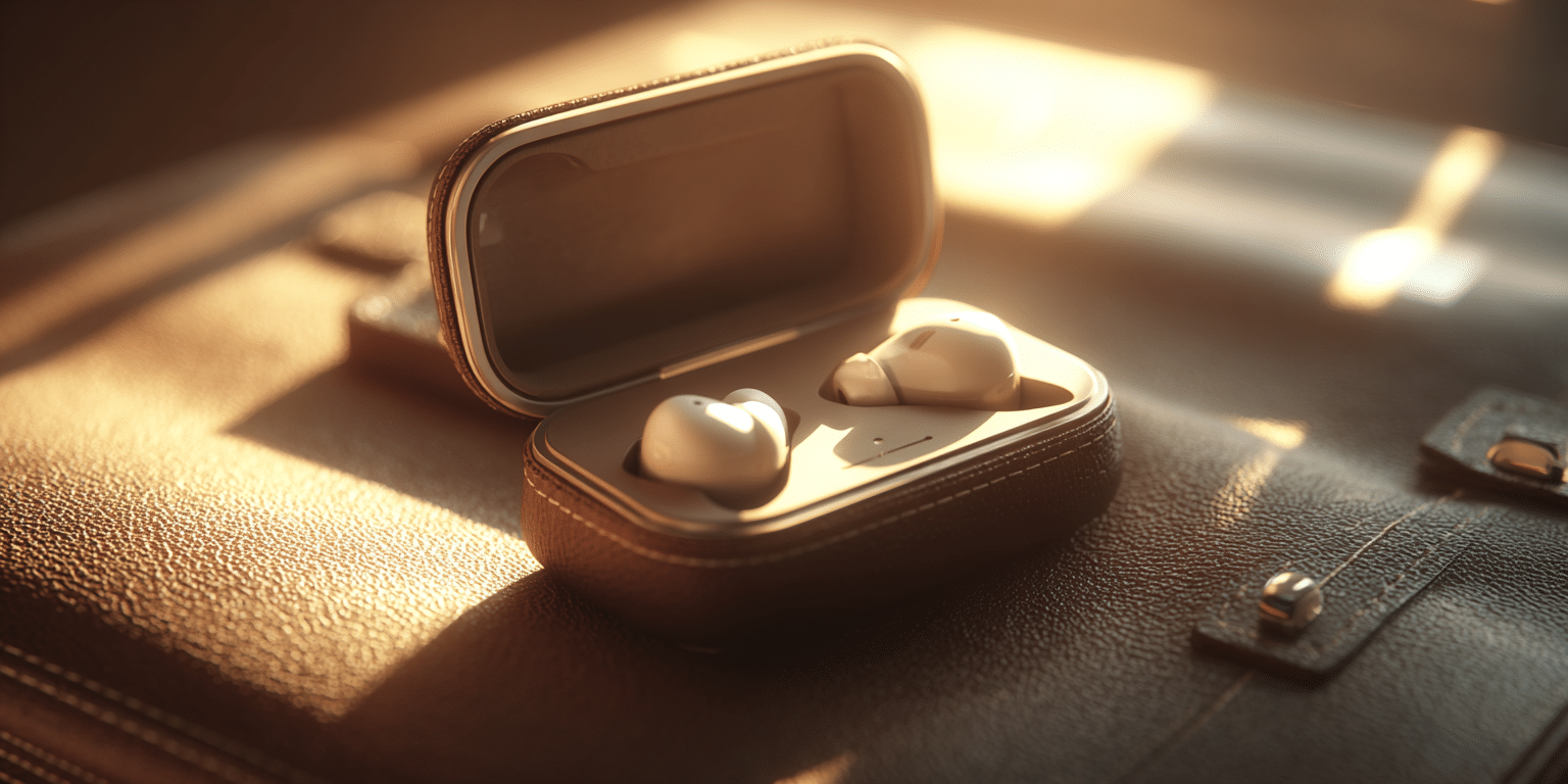 Kabellose Kopfhörer in einem Etui auf einem Holztisch im warmen Sonnenlicht – Symbol für Sicherheit mobiler Geräte.