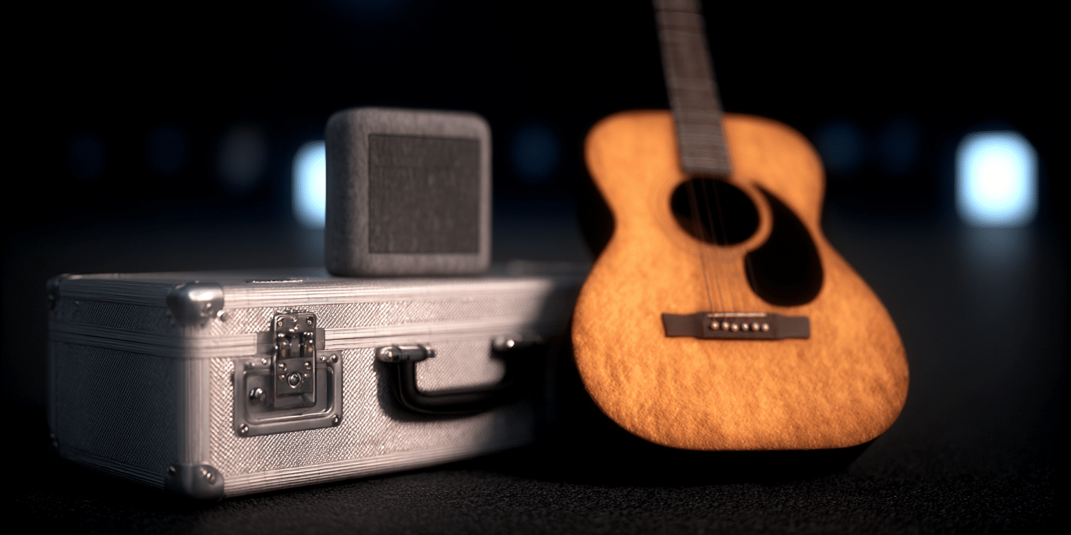 Eine Gitarre steht neben einem silbernen Koffer und einem Lautsprecher – Symbolbild für Musikinstrumentenversicherung