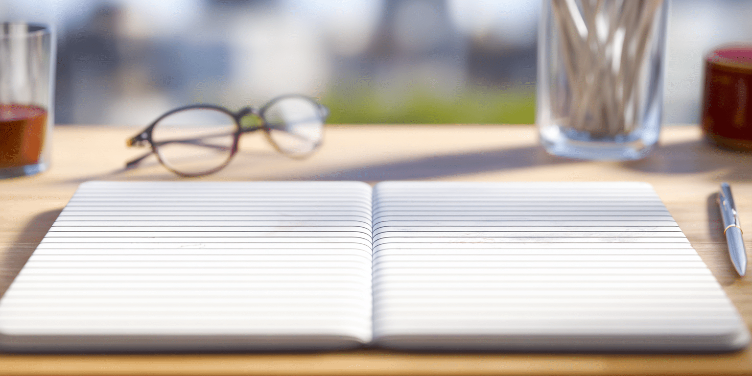 Ein geöffnetes Notizbuch liegt auf einem Schreibtisch, daneben eine Brille und ein Stift – Symbolbild für Wissen und Recherche