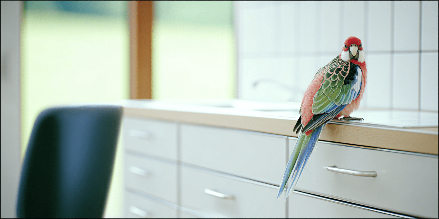 Ein bunter Papagei sitzt auf einer hellen Küchenzeile im Tageslicht – Symbolbild für Papageien‑OP‑Versicherung