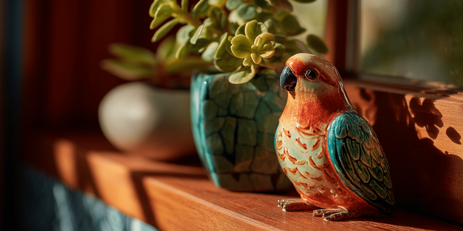 Bunte Papageienfigur auf Fensterbank mit Pflanzen im Sonnenlicht