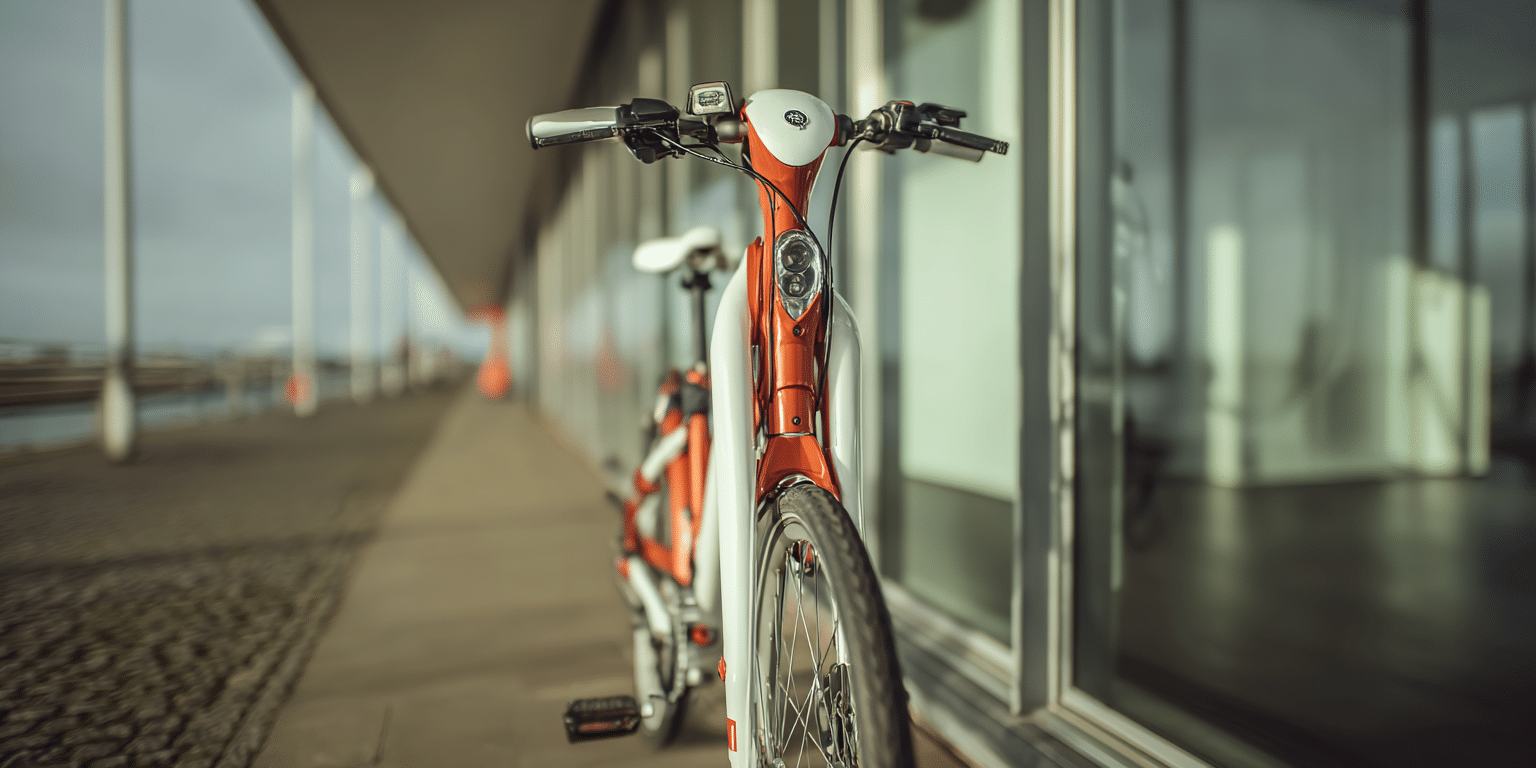 Ein modernes E‑Bike steht vor einer Glasfassade im Sonnenlicht – Symbolbild für Pedelec‑Versicherung