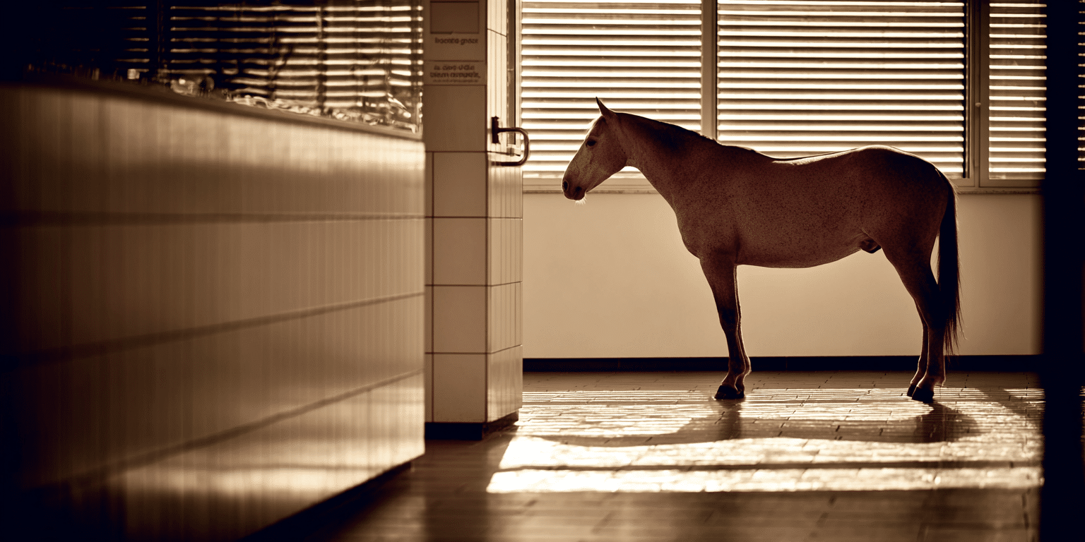 Ein Pferd steht ruhig in einem Klinikflur im warmen Licht – Symbolbild für Pferde‑OP‑Versicherung