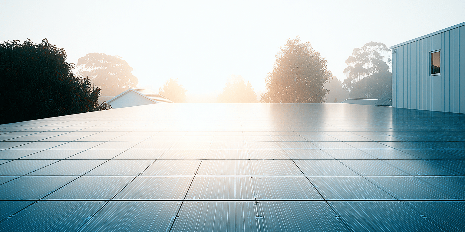 Eine Solaranlage auf einem Dach im Sonnenaufgang – Symbolbild für nachhaltigen Versicherungsschutz bei Photovoltaik