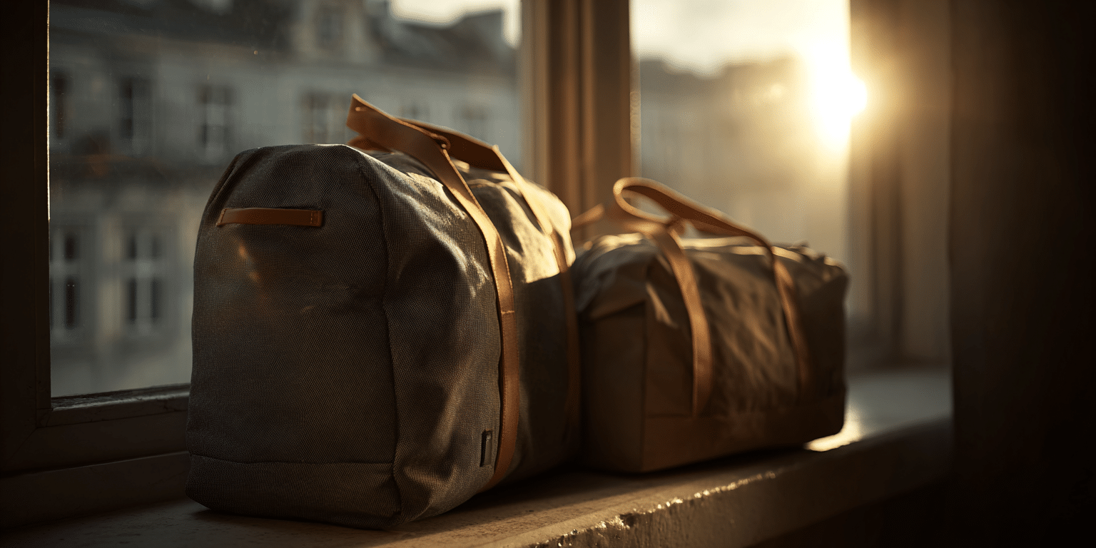 Zwei gepackte Reisetaschen im warmen Sonnenlicht auf einer Fensterbank – Symbol für Vorfreude und Schutz vor Stornokosten.