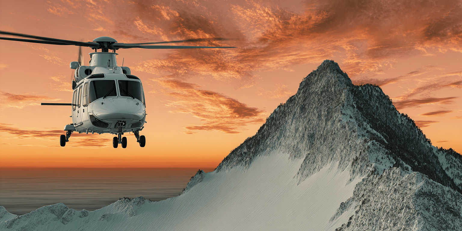 Ein Rettungshubschrauber fliegt über eine verschneite Berglandschaft im Sonnenuntergang – Symbolbild für Reiseunfallversicherung