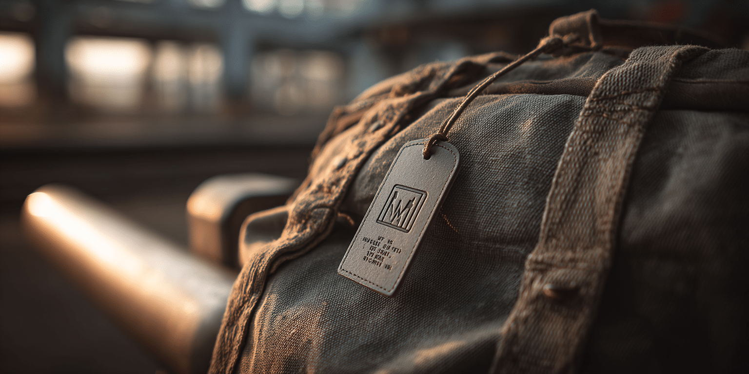 Ledergepäckanhänger an Reisetasche im Bahnhof bei Sonnenaufgang
