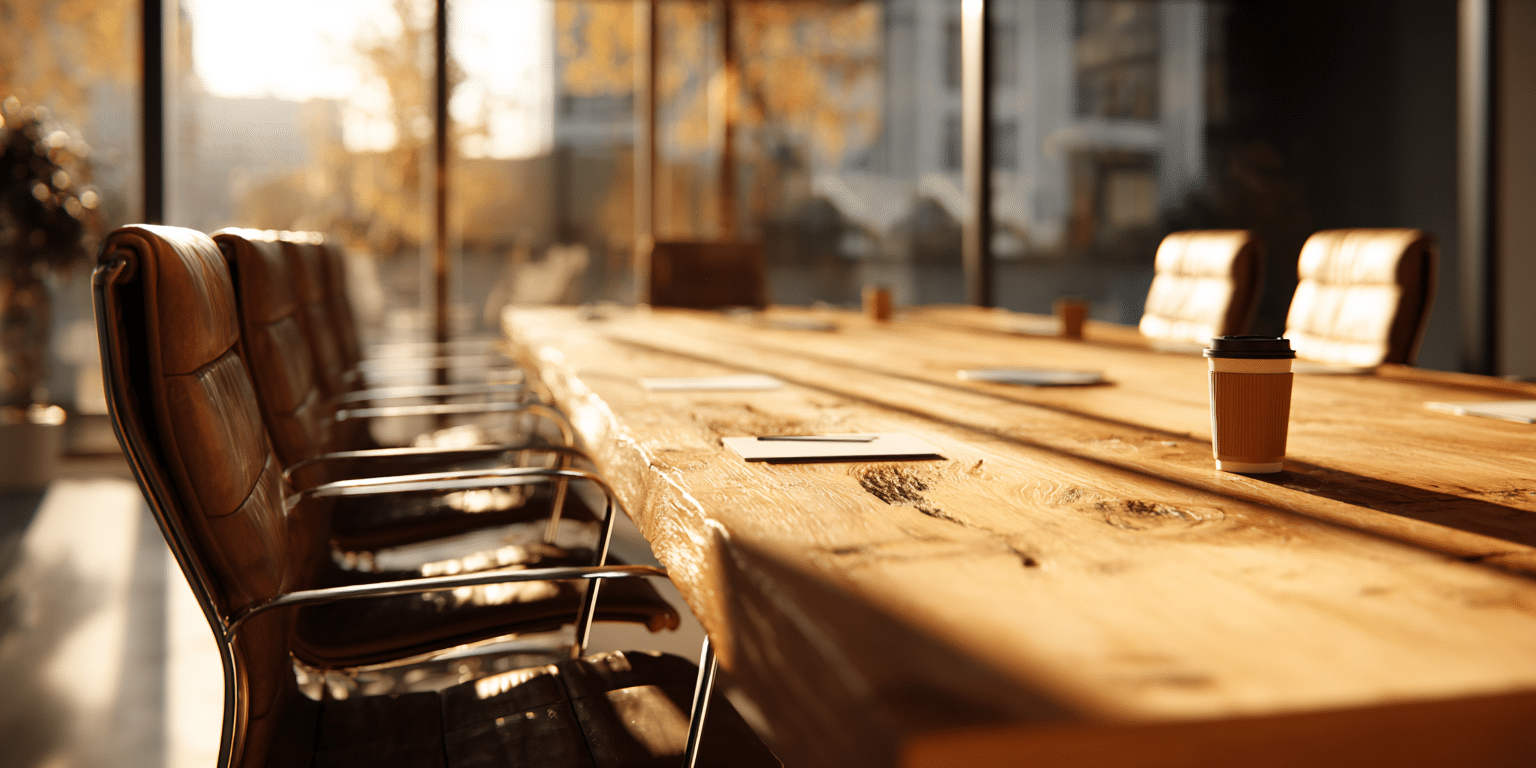 Konferenzraum im Sonnenlicht mit Ledersesseln und Kaffeebecher – Symbol für Vorbereitung, Organisation und Sicherheit.