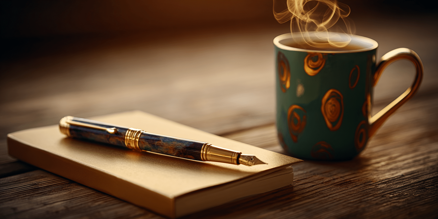 Goldener Füllfederhalter und Tasse auf Holzuntergrund im warmen Licht – Symbolbild für maßgeschneiderte Versicherungen.