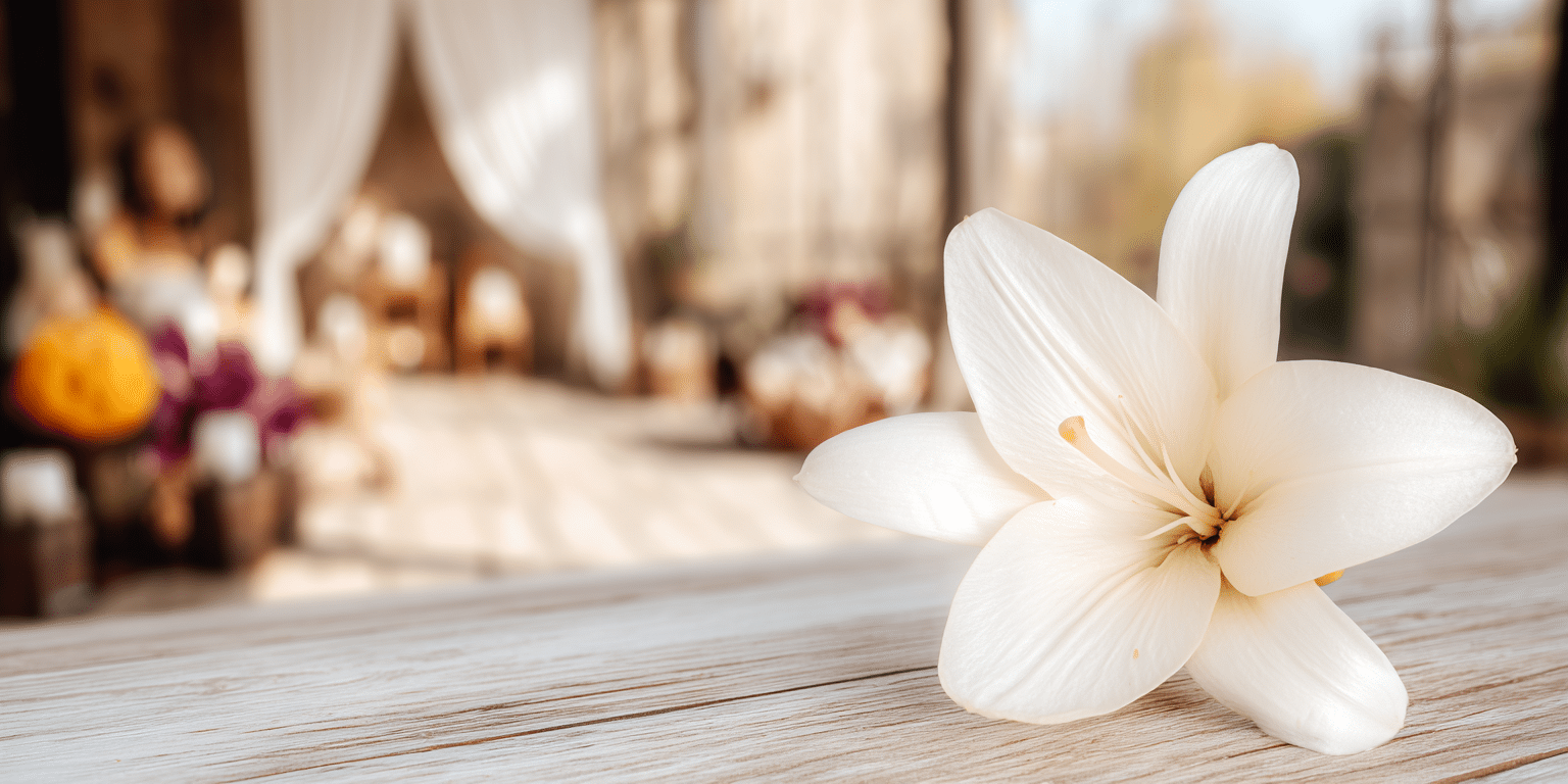 Eine weiße Blume liegt auf einem hellen Holztisch im sanften Licht – Symbolbild für Sterbegeldversicherung