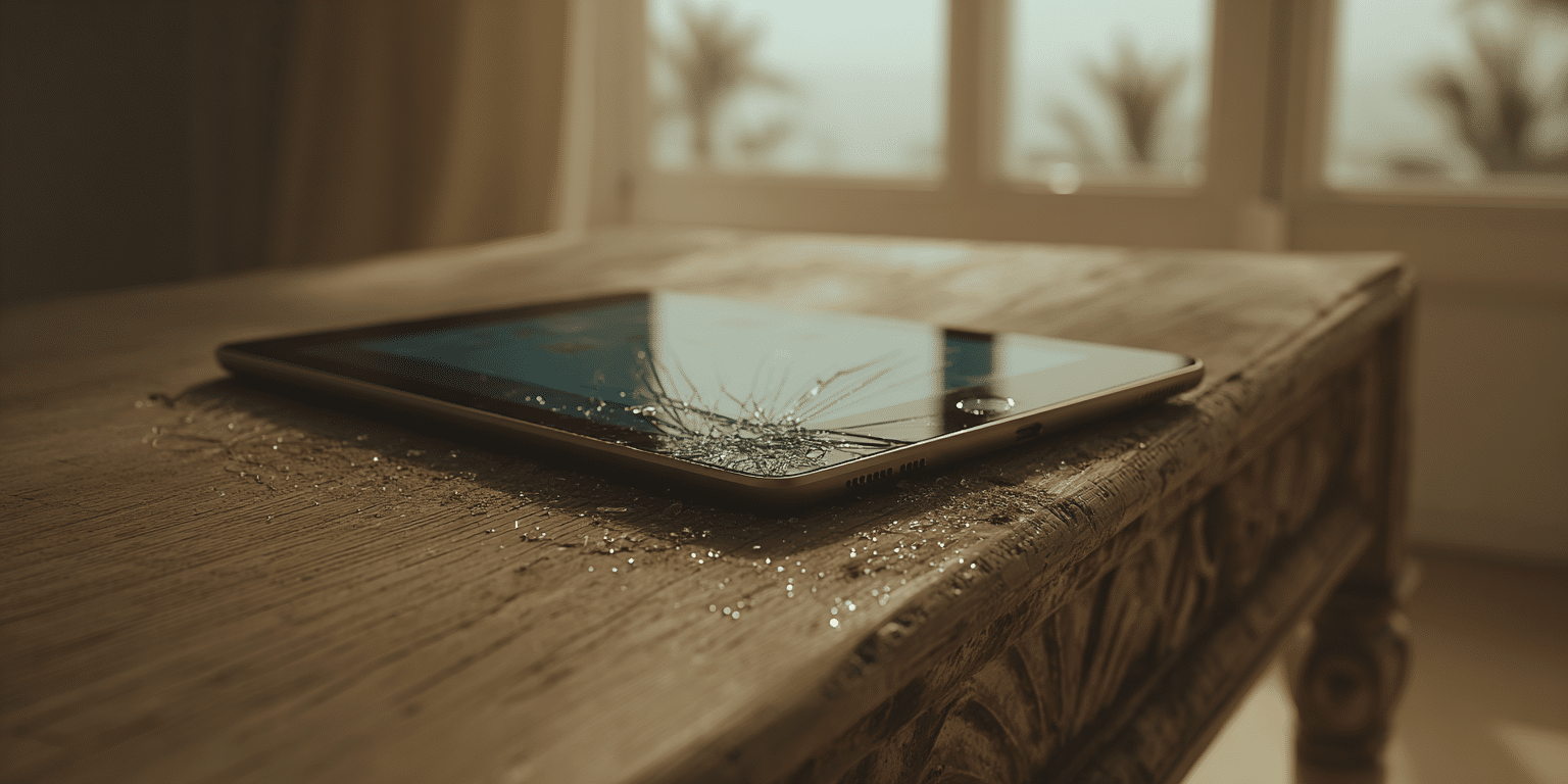 Ein Tablet mit gesprungenem Display liegt auf einem Holztisch – Symbolbild für Tabletversicherung