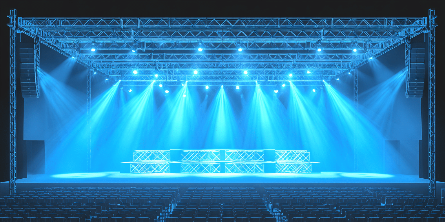 Eine leere Konzertbühne mit blauer Beleuchtung – Symbolbild für Ticketversicherung
