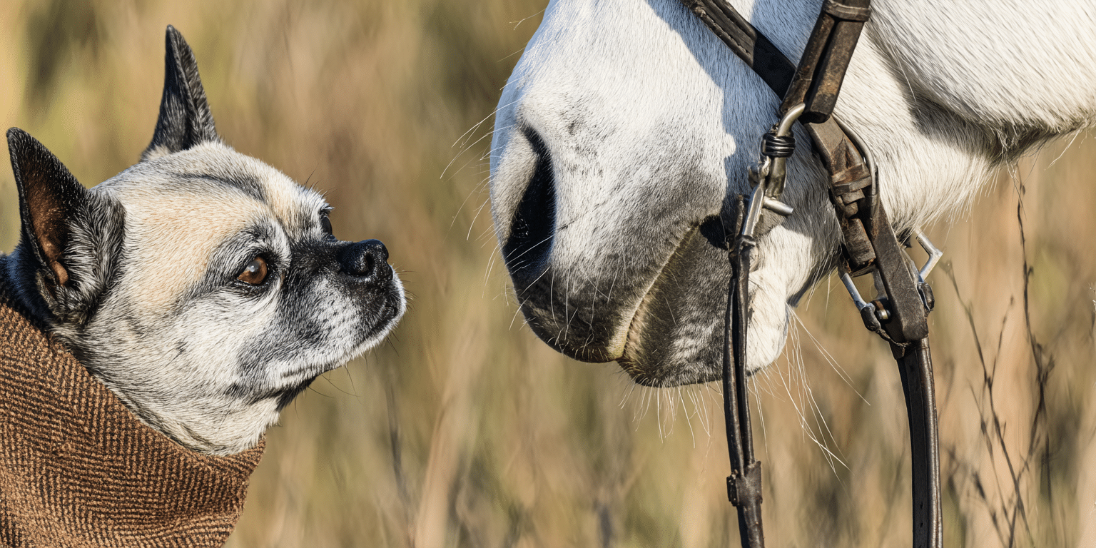 Ein Hund und ein Pferd blicken sich auf einer Wiese an – Symbolbild für Tierhalterhaftpflicht