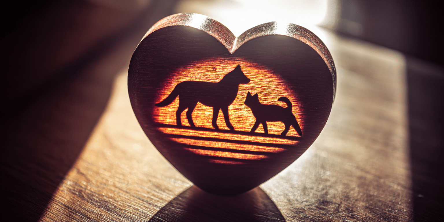 Holzherz mit Hund- und Katzensilhouette im warmen Sonnenlicht – Symbolbild für Tierliebe und Versicherungsschutz.