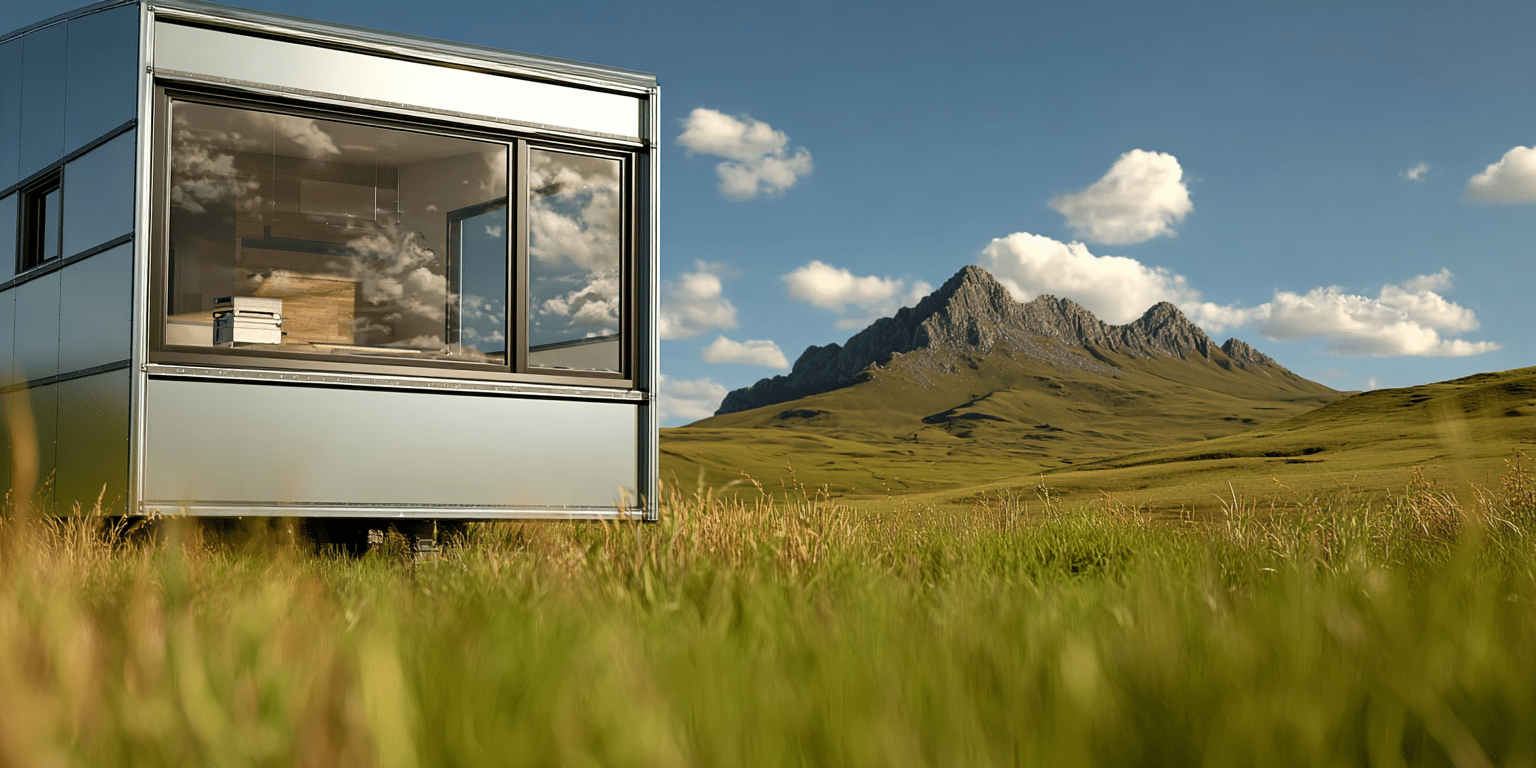 Ein modernes Tiny House steht in einer sonnigen Berglandschaft – Symbolbild für Tiny-House-Versicherung