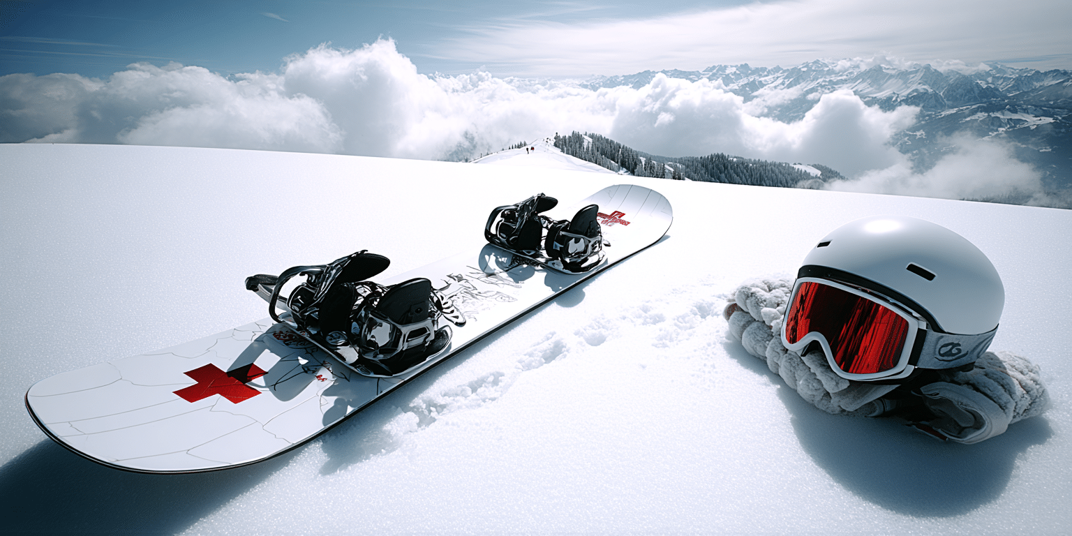 Ein Snowboard, Helm und Handschuhe liegen im Schnee mit Alpenblick – Symbolbild für Wintersportversicherung