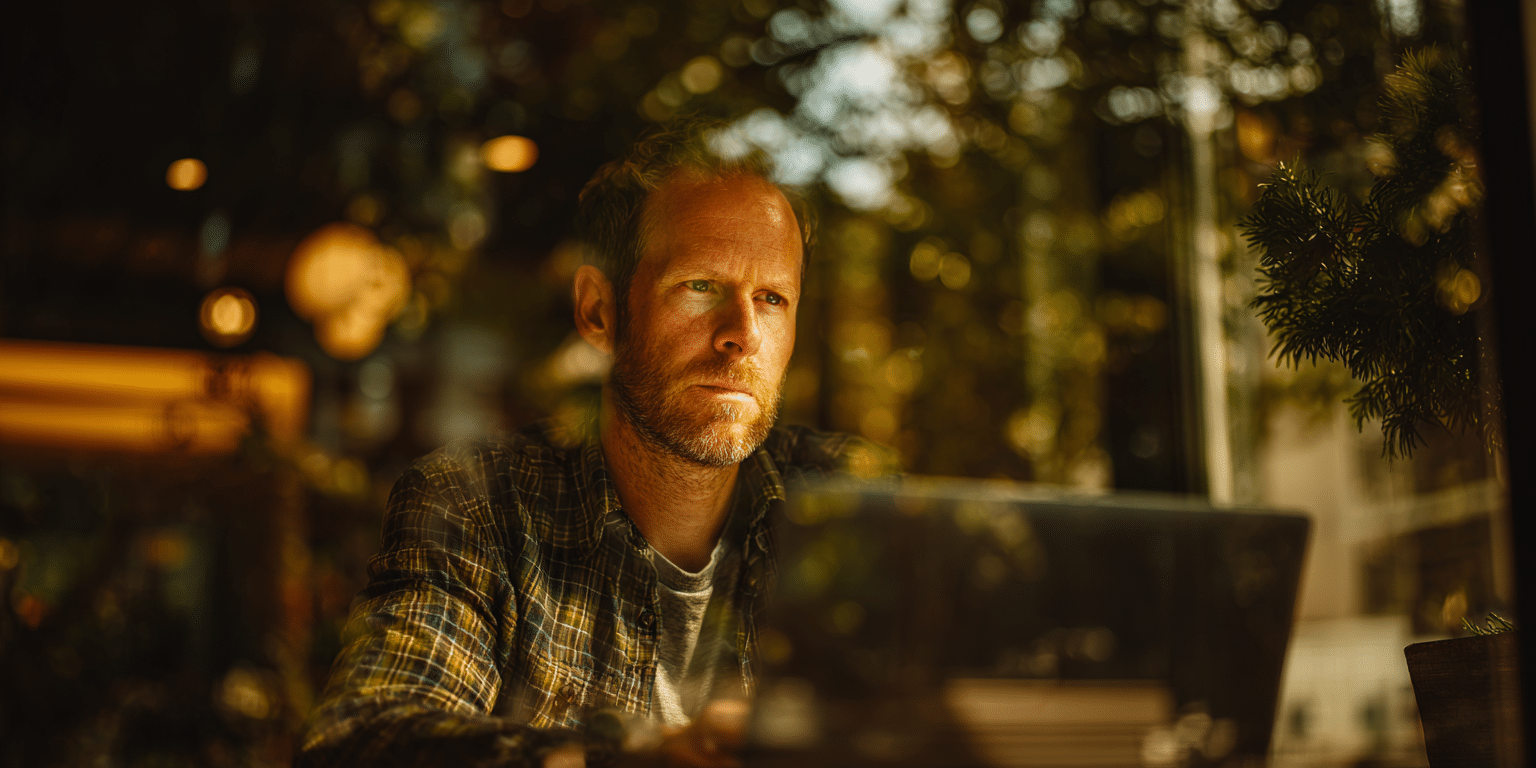Nachdenklicher Mann blickt auf Laptop, sitzt am Fenster mit natürlichem Licht und reflektiertem Grün im Hintergrund