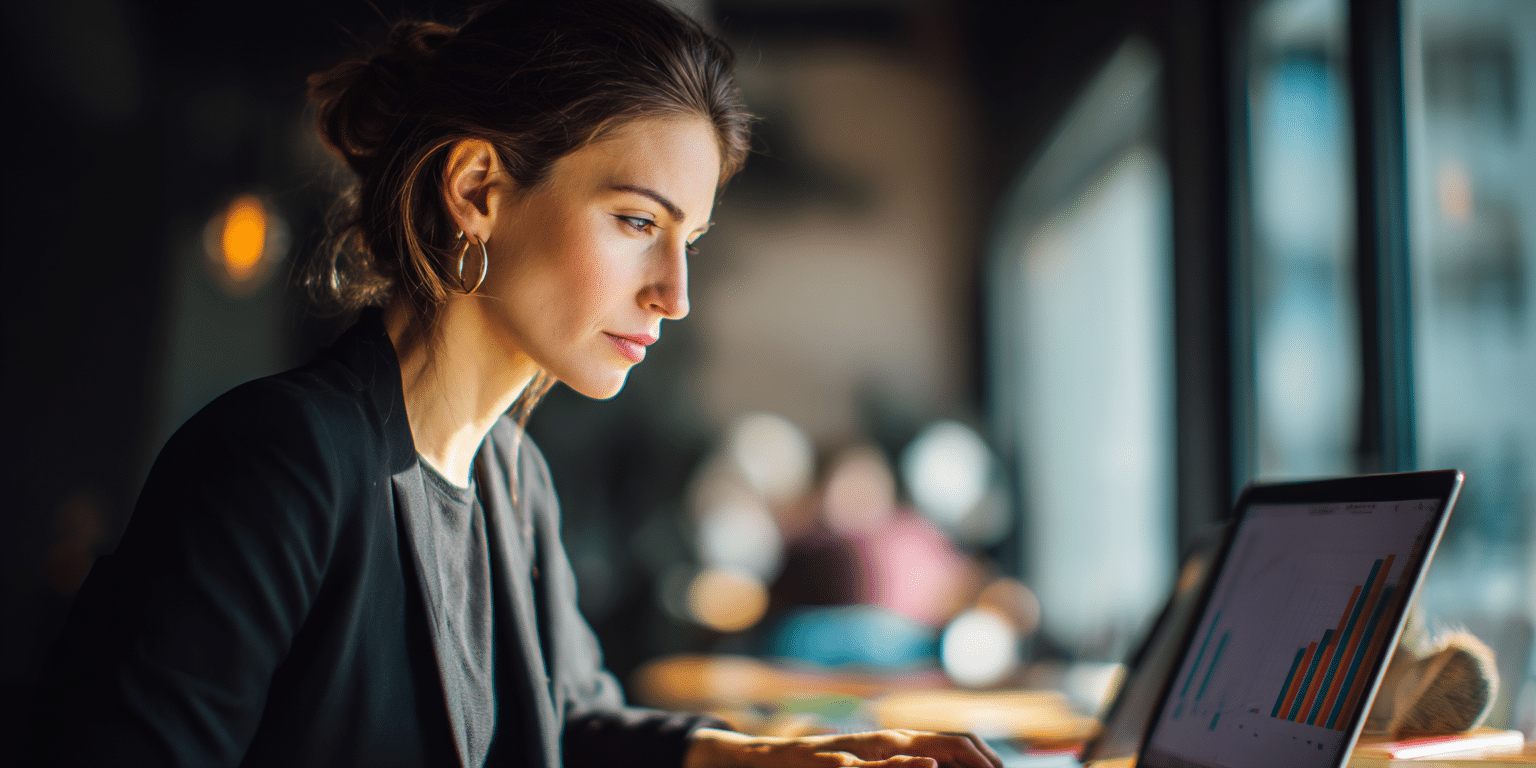 Junge Frau in Businesskleidung analysiert bunte Diagramme auf einem Laptop in heller Umgebung