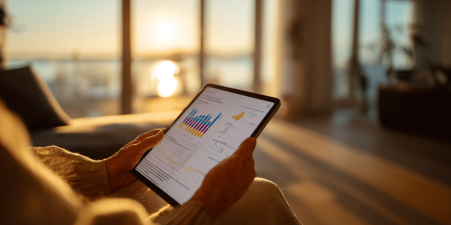 Ältere Person hält ein Tablet mit Beitragsgrafiken, warme Lichtstimmung in gemütlicher Wohnung