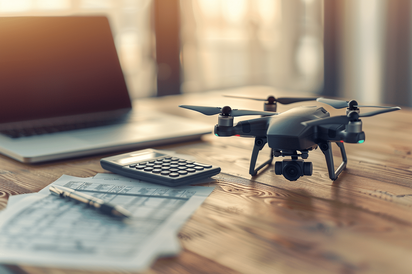 Drohne auf Schreibtisch neben Laptop und Versicherungsunterlagen zum Vergleich der Drohnenhaftpflichtversicherung.
